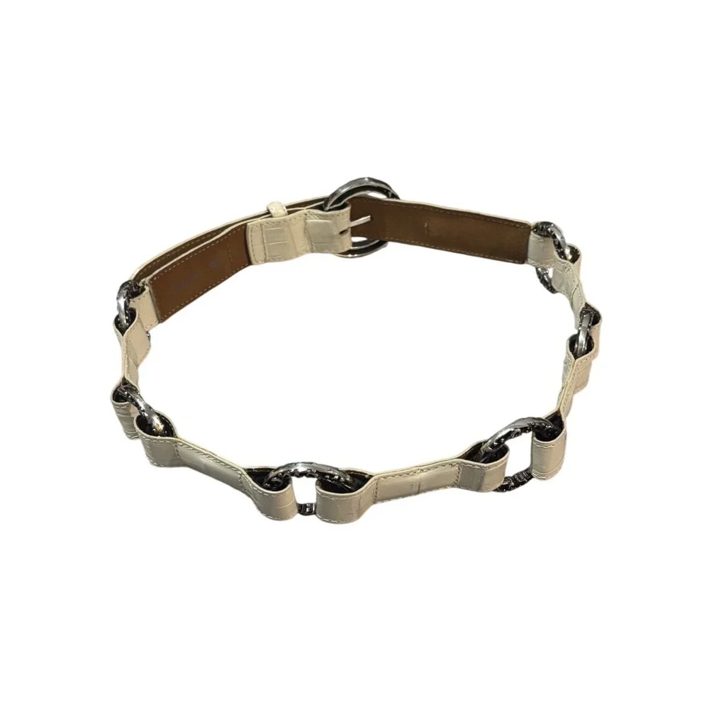 Brighton White‎ Croc Embossed Leather Link Belt Silver Ornate Buckle Size 34